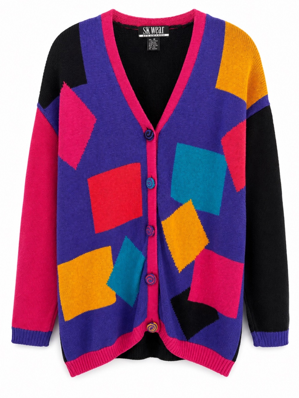 Vintage Cardigan Sweater Womens Medium Multi Color 90s Knit Geometric Crochet